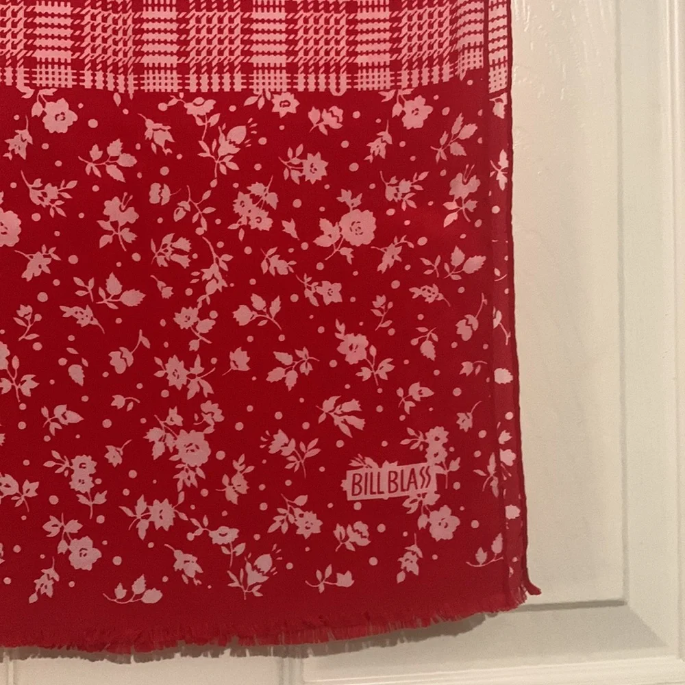 Bill Blass. Red & white dual print plaid floral rectangular scarf. Pop of color